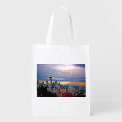 Seattle Washington Skyline at Sunset TEXT SEATTLE Reusable Grocery Bag