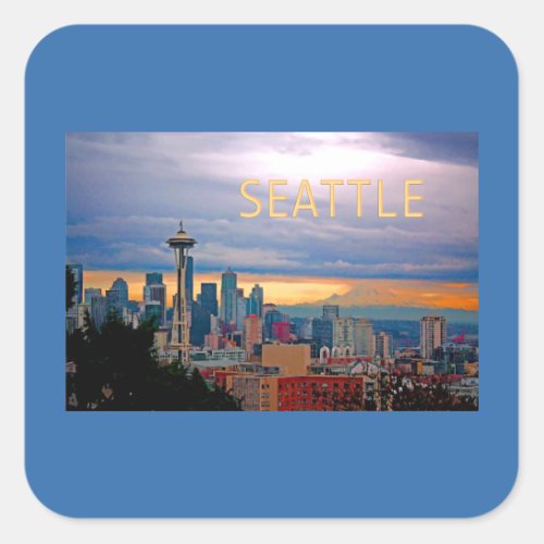 Seattle Washington Skyline at Sunset TEXT SEATTLE Square Sticker