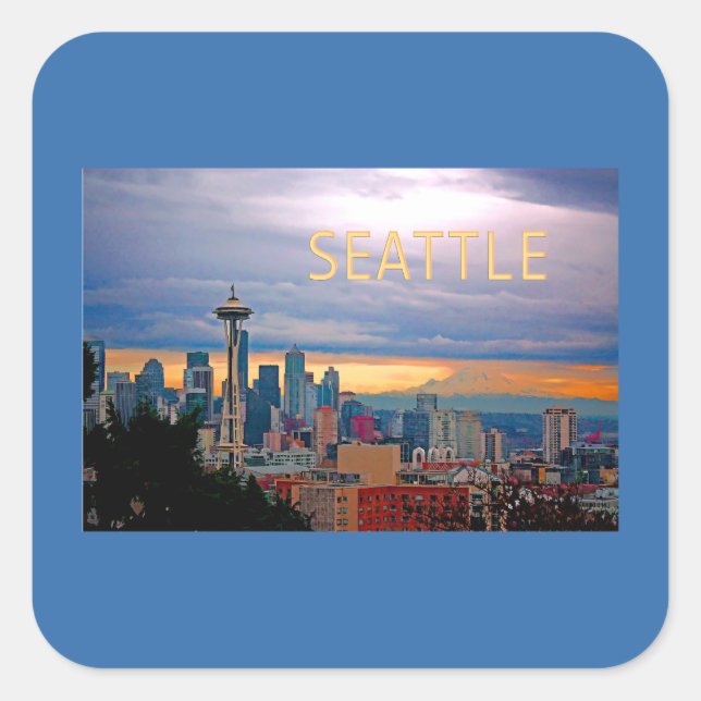 Seattle Washington Skyline at Sunset TEXT SEATTLE Square Sticker (Front)