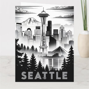 Seattle Washington Skyline Black White Woodcut Card
