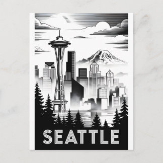 Seattle Washington Skyline Black White Woodcut Holiday Postcard