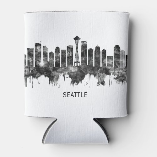 Seattle Washington Skyline BW Can Cooler