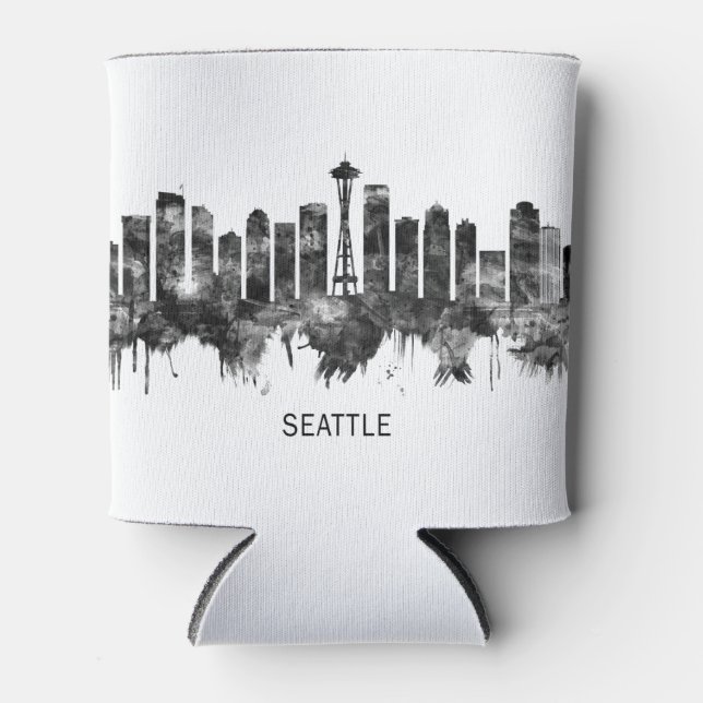Seattle Washington Skyline BW Can Cooler (Front)