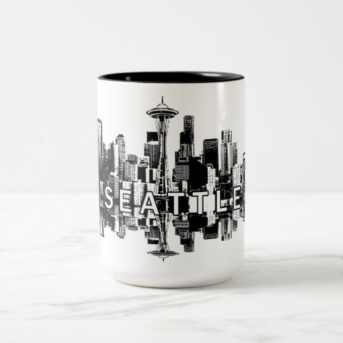 Seattle Washington skyline in black ink Two_Tone Coffee Mug
