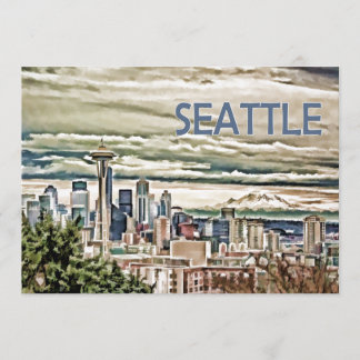 Seattle Washington Skyline in Fog and Rain Invitation