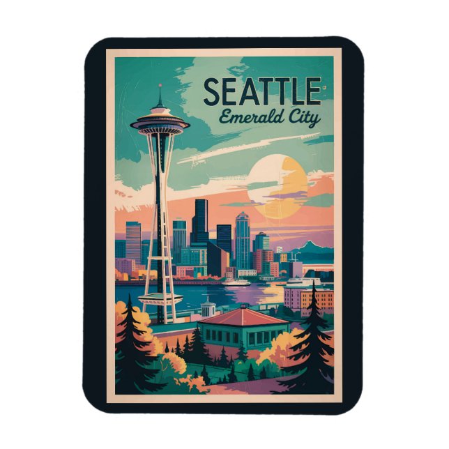 Seattle Washington Skyline Travel Art Vintage Magnet (Vertical)