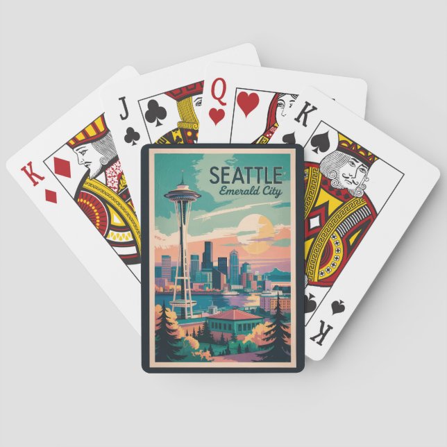 Seattle Washington Skyline Travel Art Vintage Poker Cards (Back)