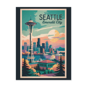 Seattle Washington Skyline Travel Art Vintage Postcard