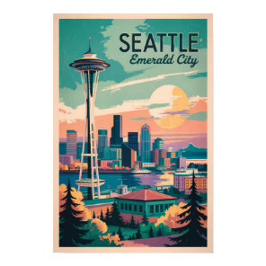 Seattle Washington Skyline Travel Art Vintage Poster