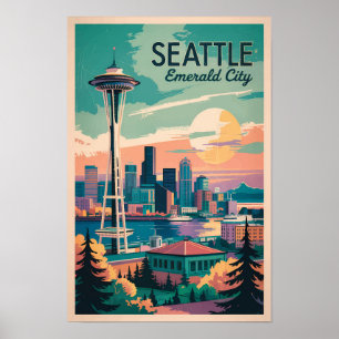 Seattle Washington Skyline Travel Art Vintage Poster