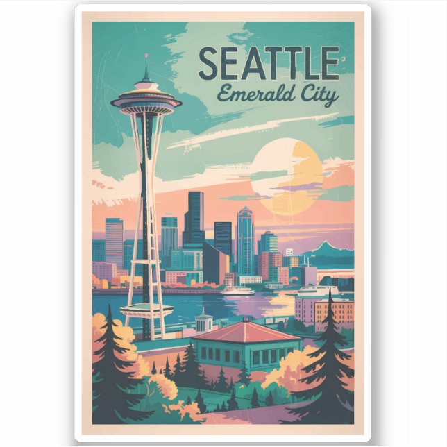 Seattle Washington Skyline Travel Art Vintage Sticker (Front)