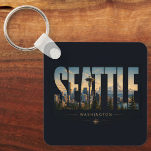 Seattle Washington Space Needle Mountain Skyline Keychain