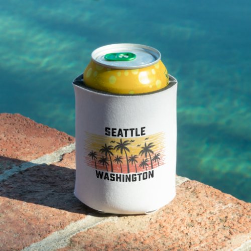 Seattle Washington Summer Retro VIntage Vacation Can Cooler