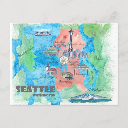 Seattle Washington Travel Map Postcard