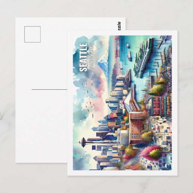 Seattle Washington USA Famous Place watercolor Postcard (Front/Back)