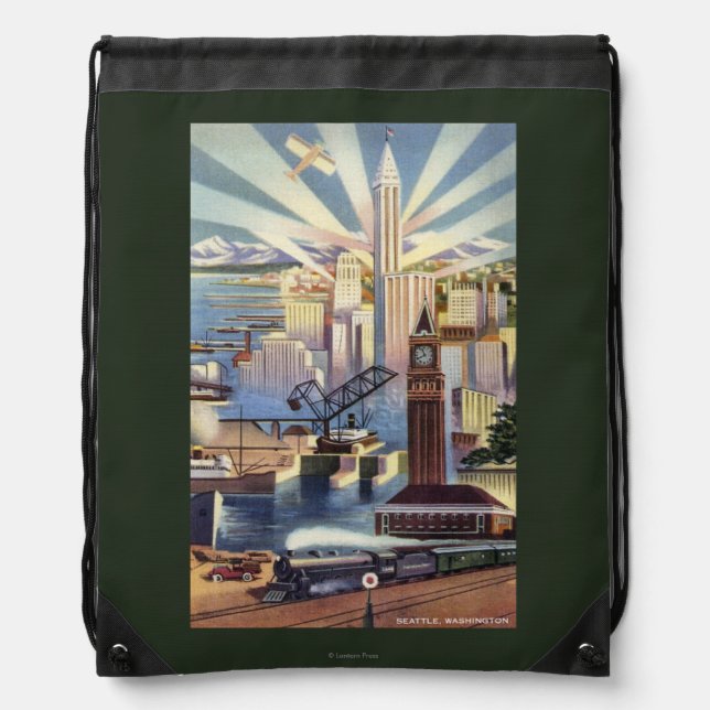 Seattle, Washington - View of Downtown Drawstring Bag (Front)