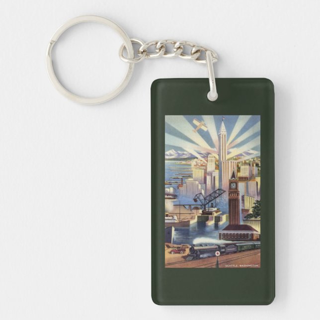 Seattle, Washington - View of Downtown Keychain (Front)