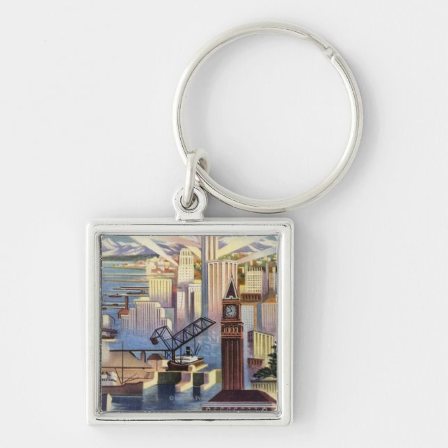 Seattle, Washington - View of Downtown Keychain (Front)