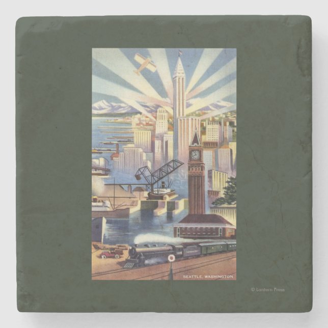 Seattle, Washington - View of Downtown Stone Coaster (Front)