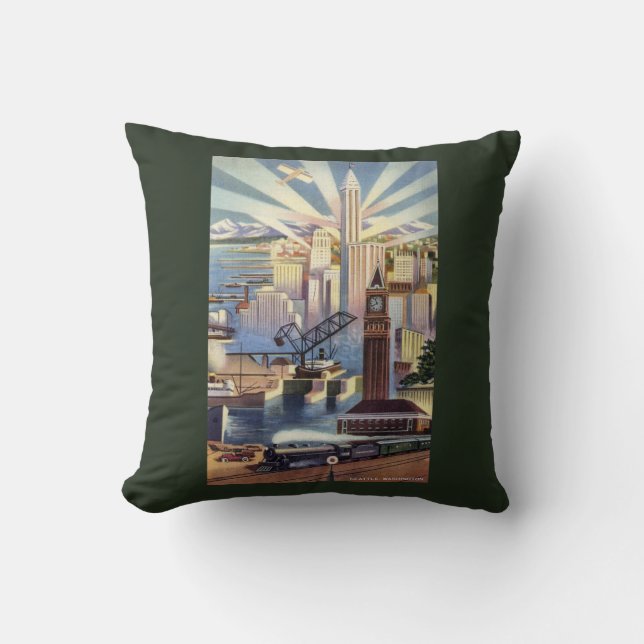 Seattle, Washington - View of Downtown Throw Pillow (Front)