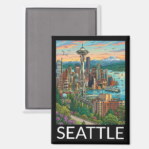 Seattle, Washington Vintage Travel City View Magnet
