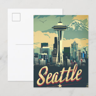 Seattle Washington Vintage Travel Illustration Postcard