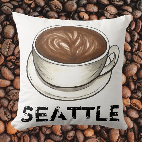 Seattle Washington WA Coffee Cup Latte Cappuccino Throw Pillow