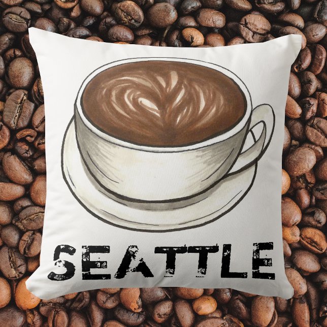 Seattle Washington WA Coffee Cup Latte Cappuccino Throw Pillow (Creator Uploaded)