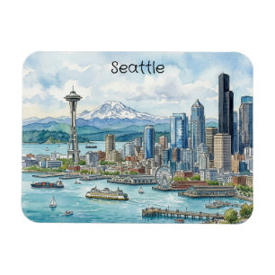 Seattle Washington Watercolor Art Travel Skyline Magnet