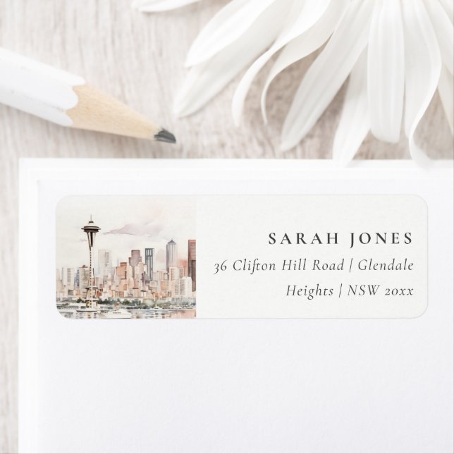 Seattle, Washington Watercolor Landscape Address Label (Insitu)