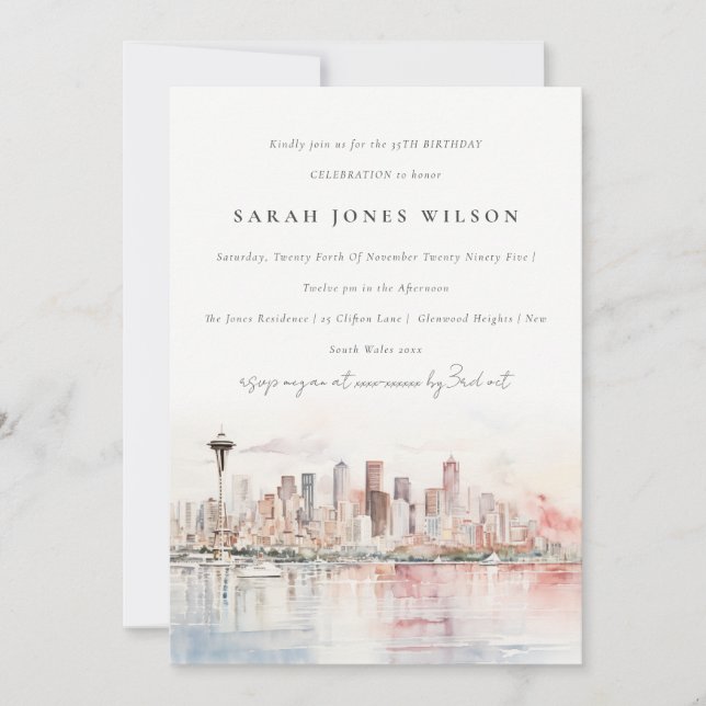 Seattle Washington Watercolor Landscape Birthday Invitation (Front)