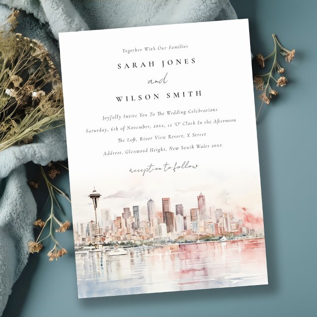 Seattle, Washington Watercolor Landscape Wedding Invitation (Creator Uploaded)
