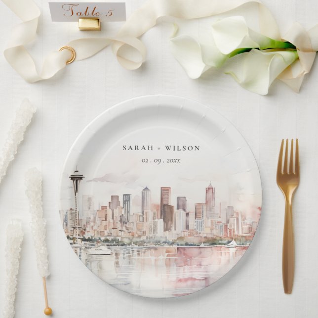 Seattle, Washington Watercolor Landscape Wedding Paper Plates (Wedding)