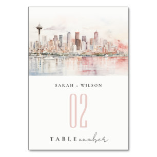 Seattle, Washington Watercolor Landscape Wedding Table Number