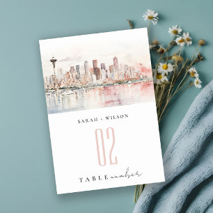 Seattle, Washington Watercolor Landscape Wedding Table Number