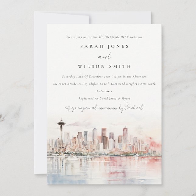 Seattle Washington Watercolor Scape Wedding Shower Invitation (Front)
