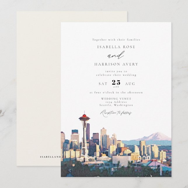 SEATTLE Watercolor Skyline Destination Wedding Invitation (Front/Back)