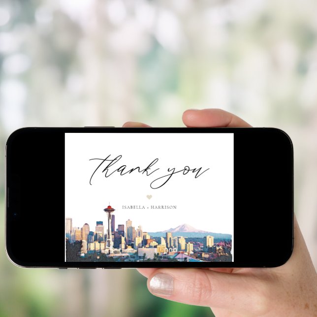 SEATTLE Watercolor Skyline Photo Thank You Card (Front Digital)