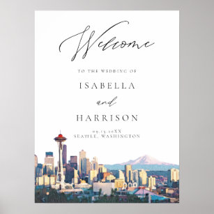SEATTLE Watercolor Skyline Wedding Welcome Sign