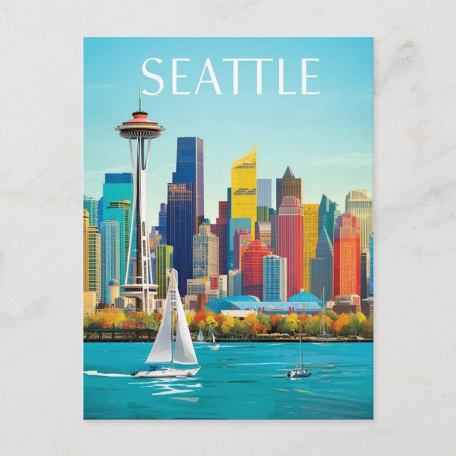 Seattle Waterfront & Space Needle Retro Art Postcard (Front)