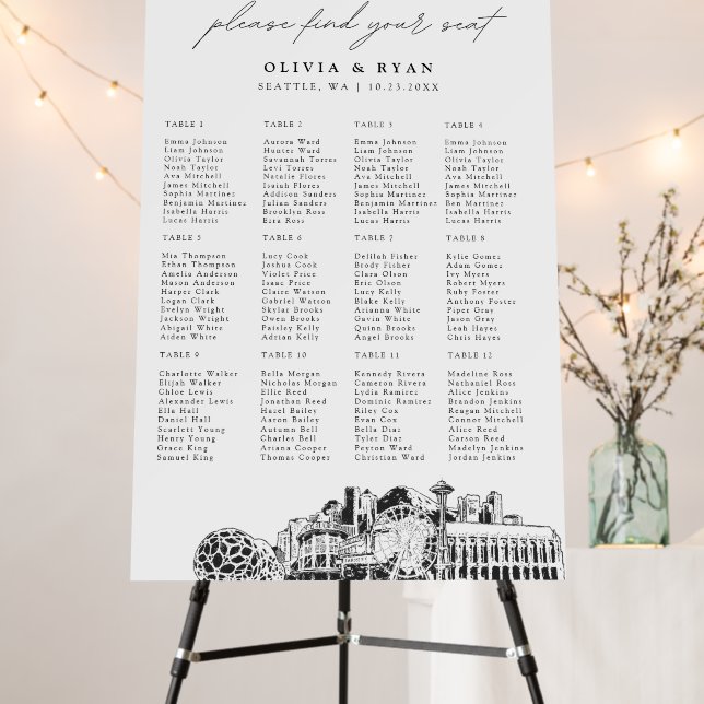 Seattle Wedding 12 Table Seating Chart 24x36 Foam Board (In Situ (Stand))