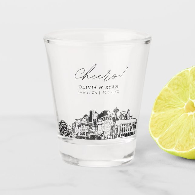 Seattle Wedding Favor Personalized Cheers Shot Glass (Front)
