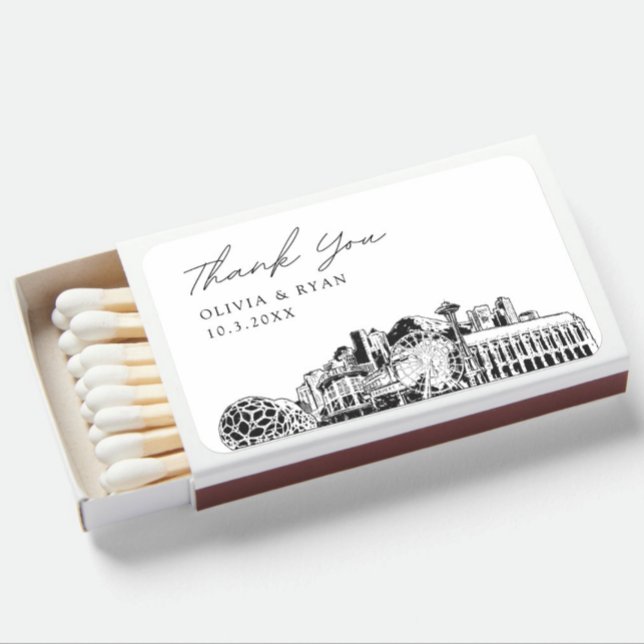 Seattle Wedding Favor Thank You Matchboxes (Seattle wedding favor for cigar bar cocktail hour skyline sketch)