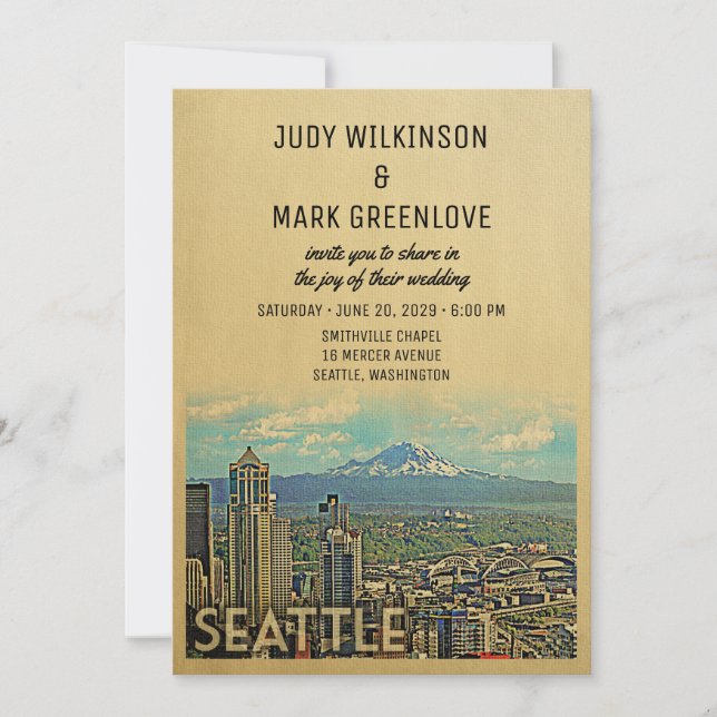 Seattle Wedding Invitation Vintage Mount Rainier (Front)