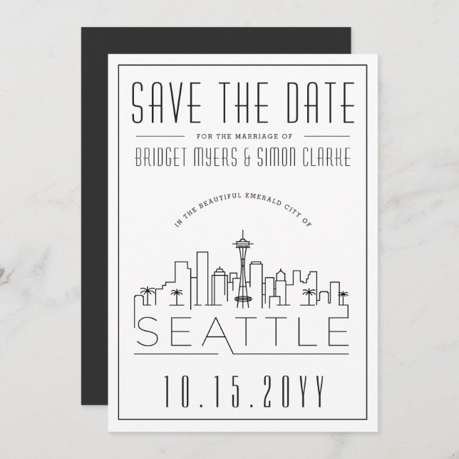 Seattle Wedding | Stylized Skyline Save the Date Invitation (Front/Back)
