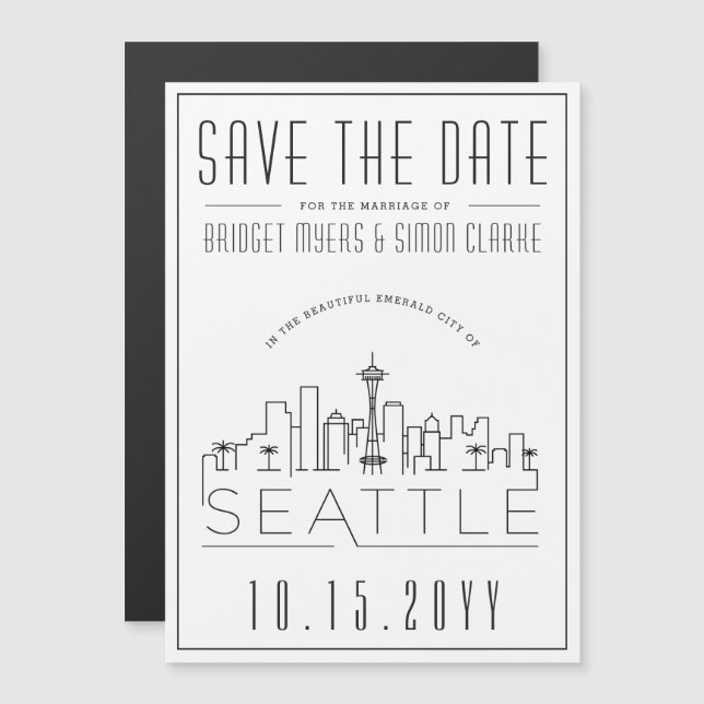 Seattle Wedding | Stylized Skyline Save the Date Magnetic Invitation (Front/Back)