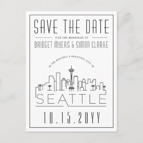 Seattle Wedding  Stylized Skyline Save the Date Postcard