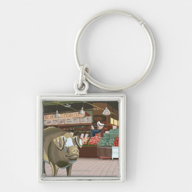 SeattleFish Toss and Bronze Pig at Pike Place Keychain (Front)