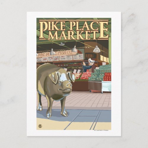 SeattleFish Toss and Bronze Pig at Pike Place Postcard