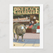 SeattleFish Toss and Bronze Pig at Pike Place Postcard